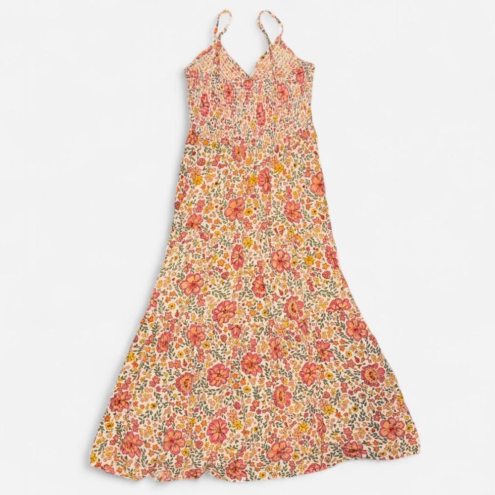 Orange and Pink Floral Cottagecore Maxi Dress with Spaghetti Straps; Size SMALL - Picture 6 of 6